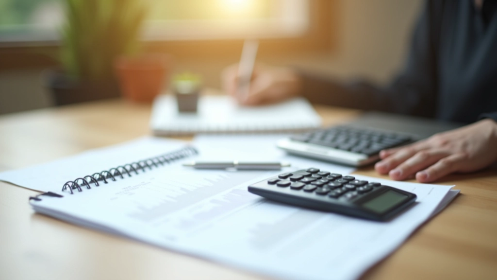 Bureau avec calculatrice, bloc-notes et stylo sur tableau de bord financier