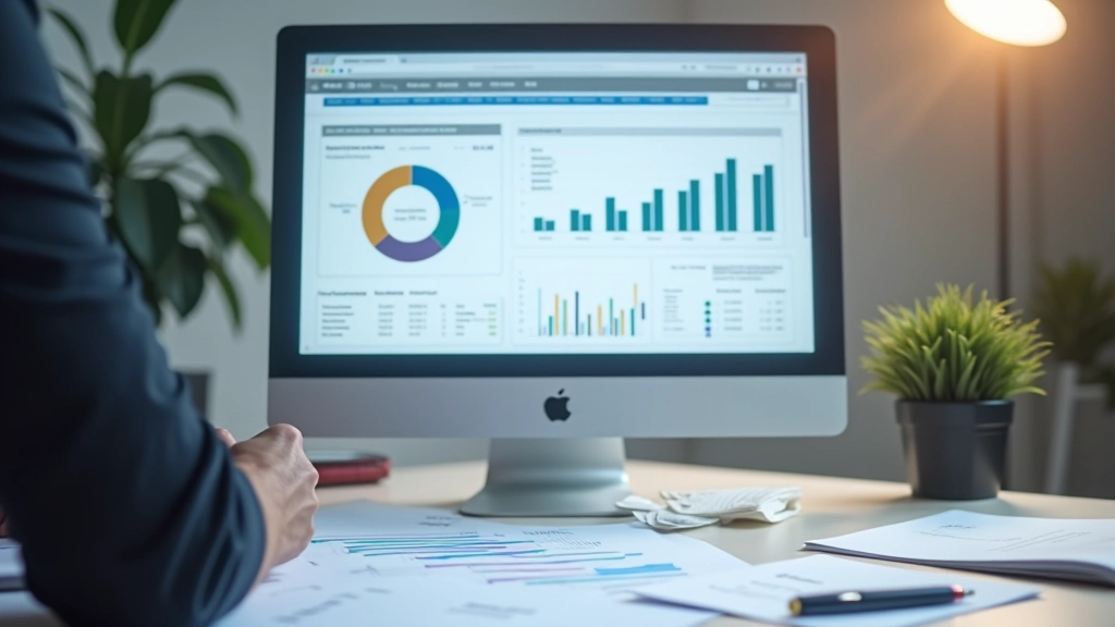 Graphique financier sur un écran d'ordinateur, documents bancaires, stylo sur bureau, éclairage studio net