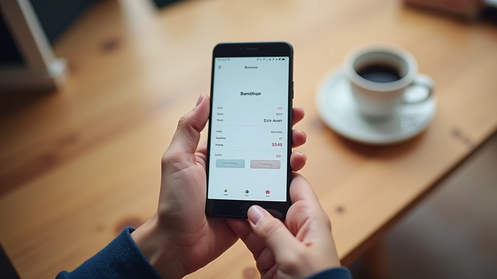 Personne tenant un smartphone avec application bancaire, café sur table en bois, vue de dessus