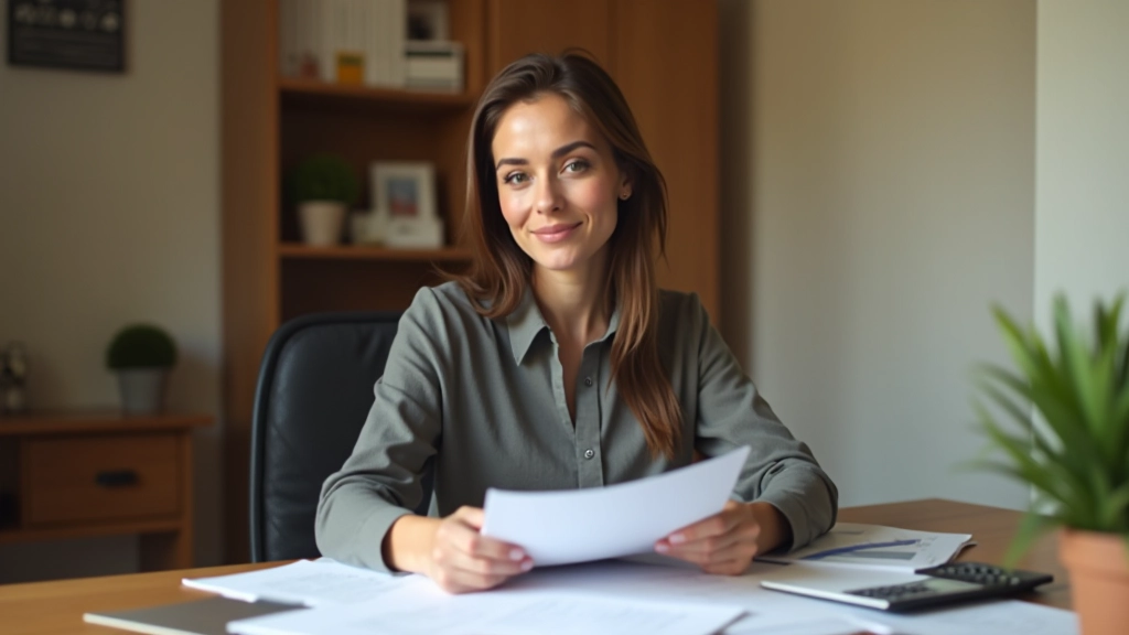 Femme âgée de 35 ans travaillant à son bureau avec des documents financiers, éclairage naturel, focus net