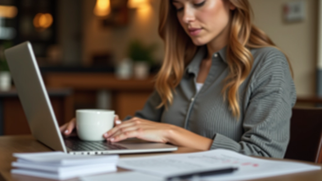 Femme consultant ses finances sur son ordinateur portable dans un café